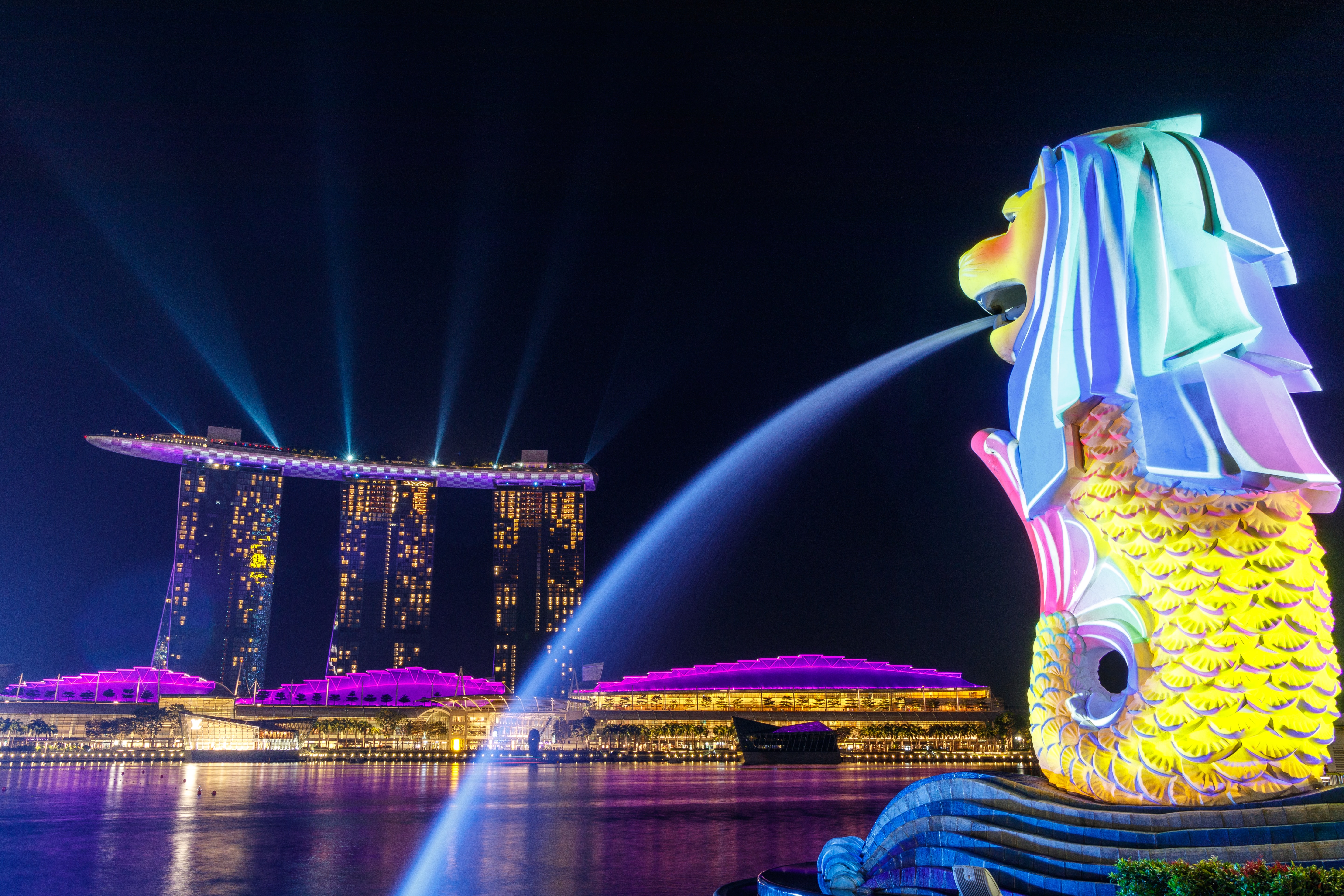 Singapore skyline with dragon waterfall in the foreground